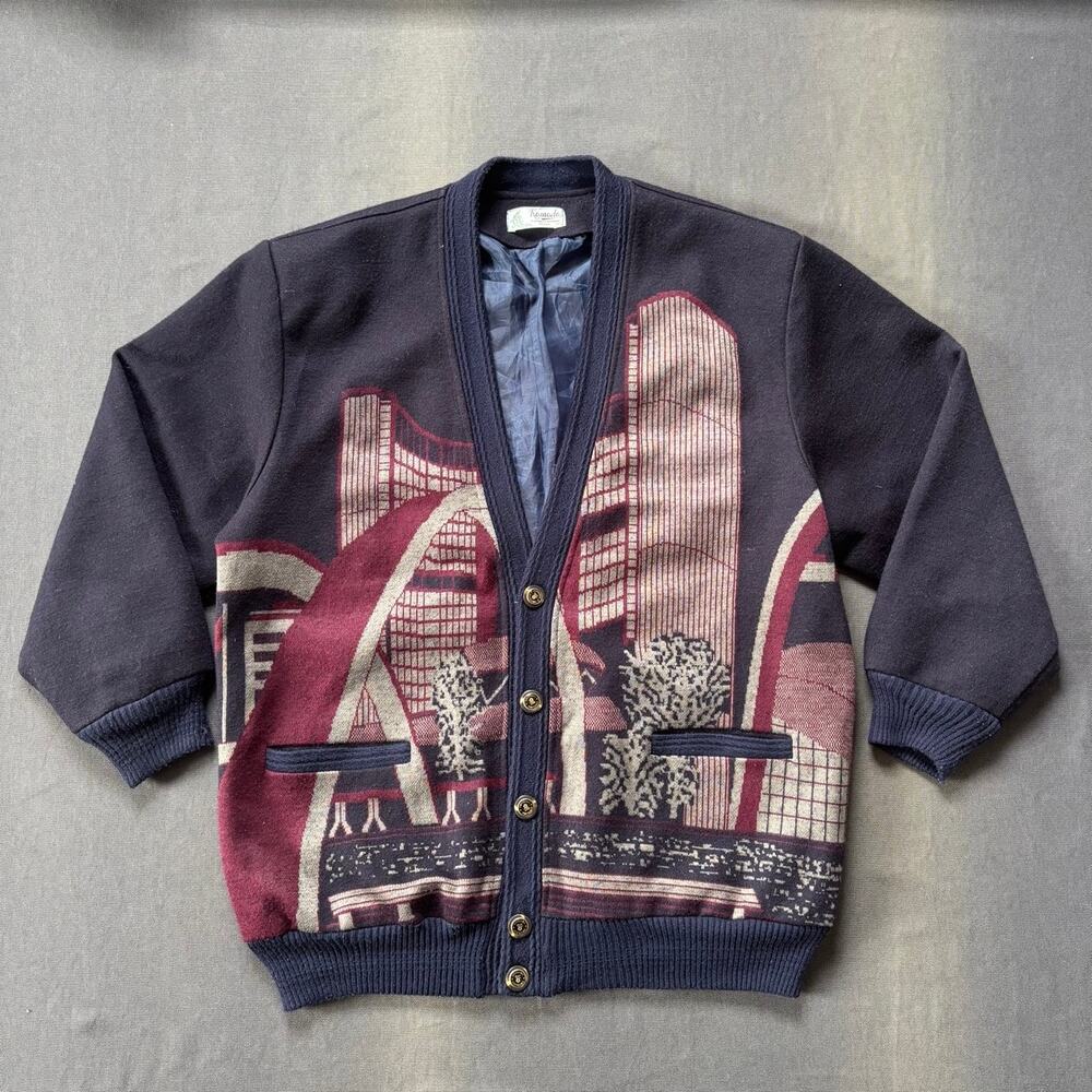 Vintage Komodo Toronto City Hall Skyline Jacquard Knit Cardigan Satin Lined Sz M
